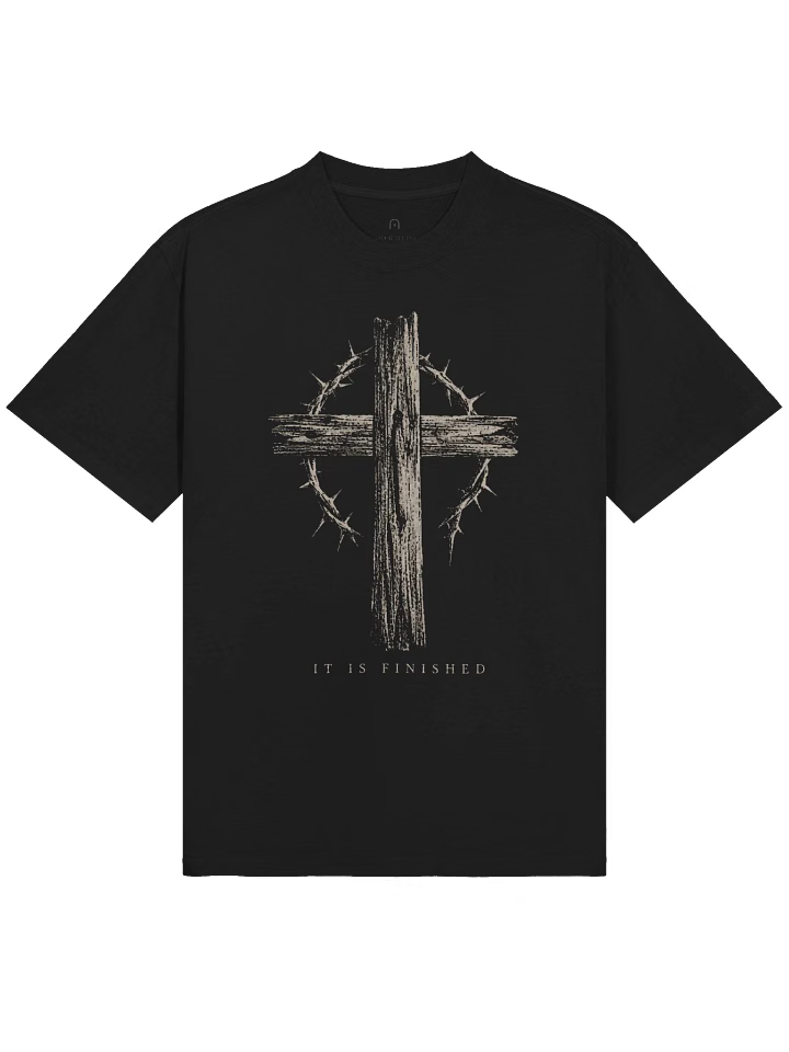 It Is Finished cross artwork on the exact tee
